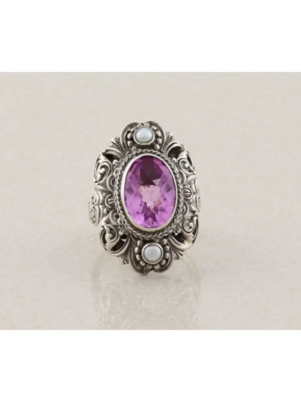 Sterling Silver Natural Amethyst and Pearl Ring Sarda Size 8 1/4